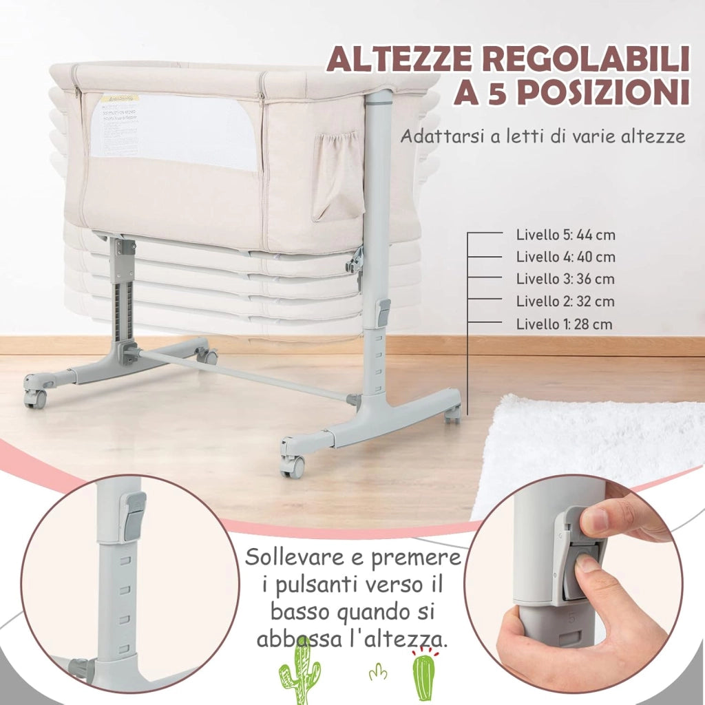 Culla Neonato Fianco Letto 3 in 1, Lettino Dondolo Neonati con Materasso, Culla da Campeggio con Ruote e Borsa, Regolabile In Altezza, Inclinazione di 10°, per Bambini 0-6 Mesi (Beige)