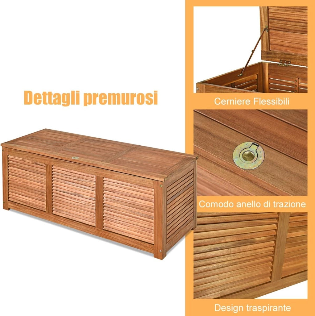 Baule da Giardino, Scatola Portaoggetti da Esterno in Legno con Capacità di Contenimento di 235 Litri, 120,5 x 44,5 x 44,5 cm
