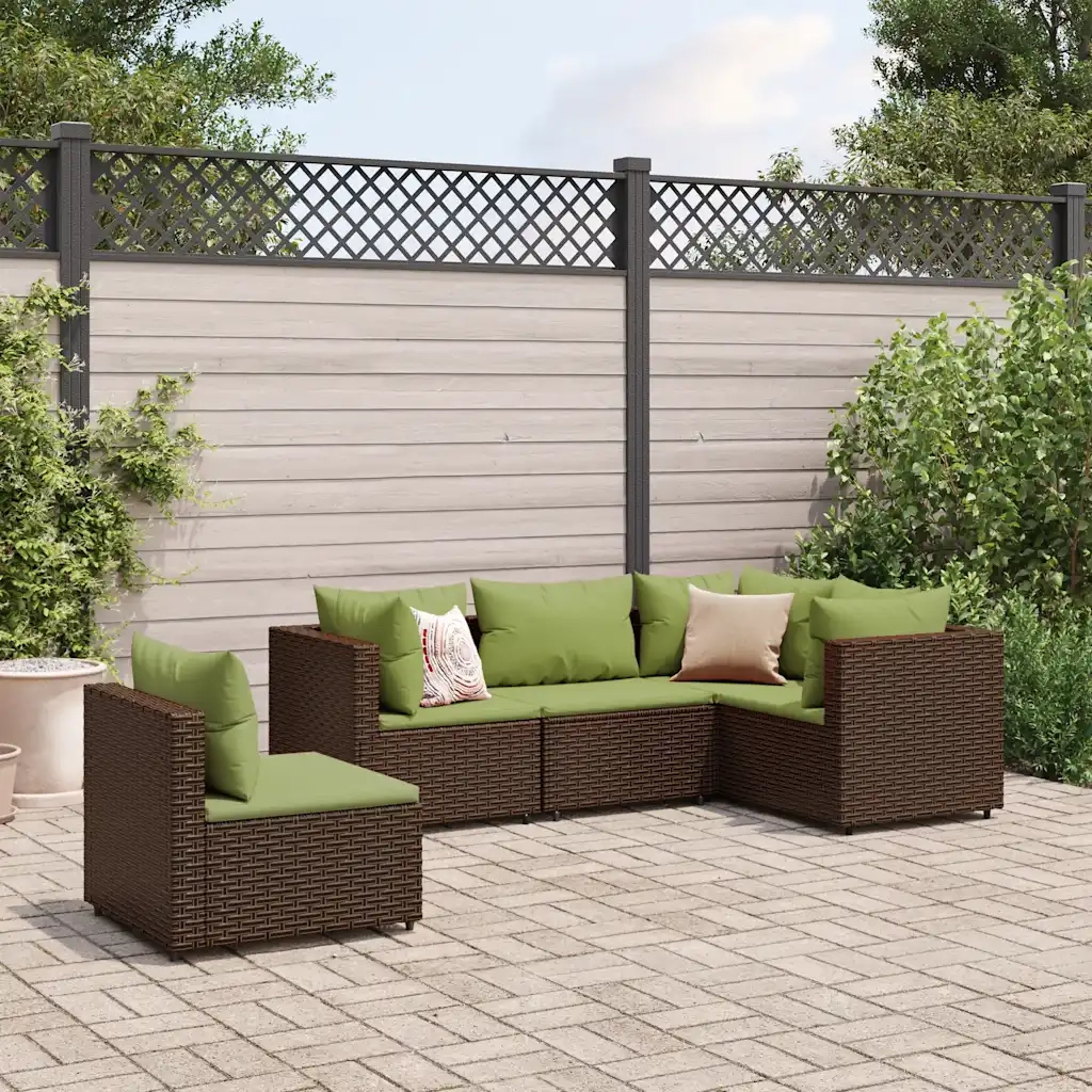 Set Divani da Giardino 5 pz con Cuscini Marrone in Polyrattan