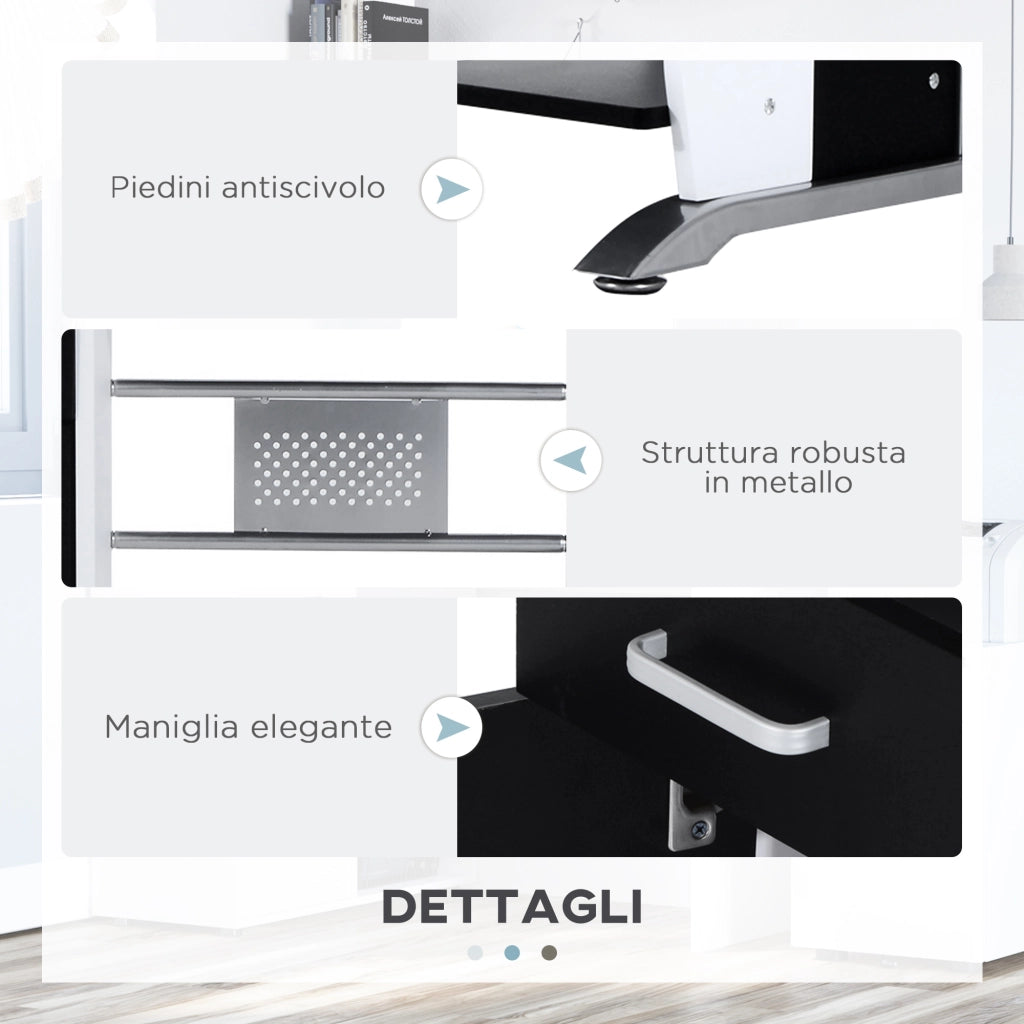 Scrivania per Computer con Ripiano, Cassetto e Armadietto ¨C Minimal ¨C Bianca e Nera, MDF e Ferro, 100x52x75 cm