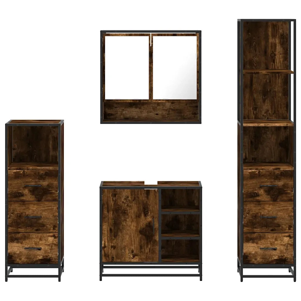 Set Mobili da Bagno | Armadio da bagno 4 pz Rovere Fumo in Legno Multistrato