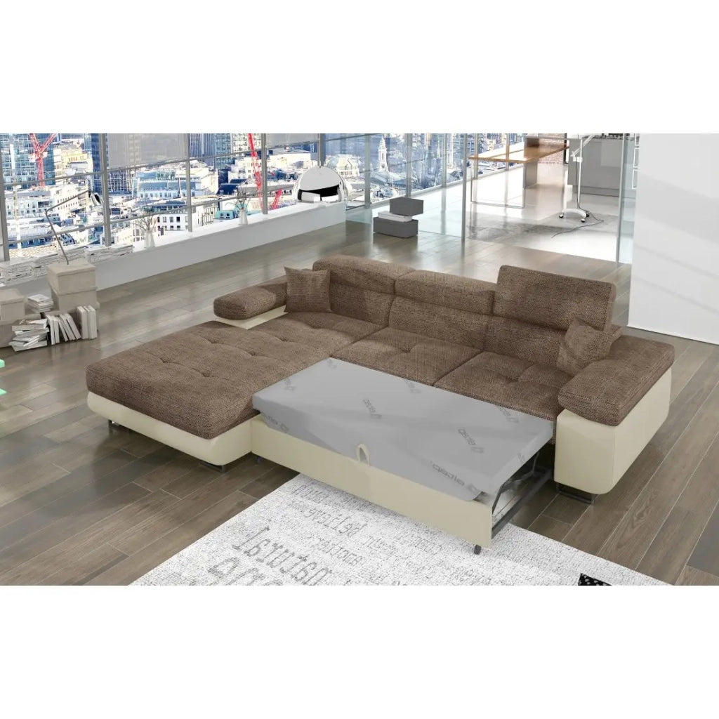 Divano ad angolo trasformabile AMANDA beige e crema in tessuto a maglia grossa