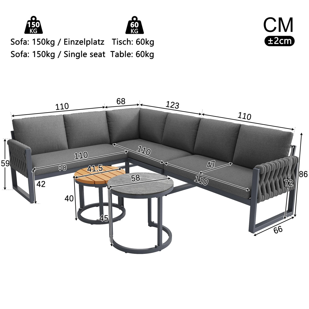Set divano da giardino modulare 5-6 posti con tavolini; cuscini sfoderabili; grigio