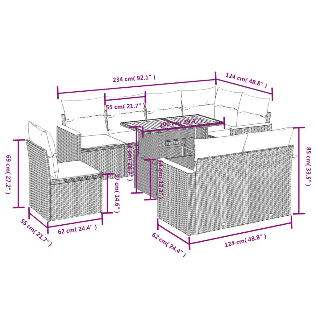 Set Divani da Giardino 9 pz con Cuscini Nero in Polyrattan