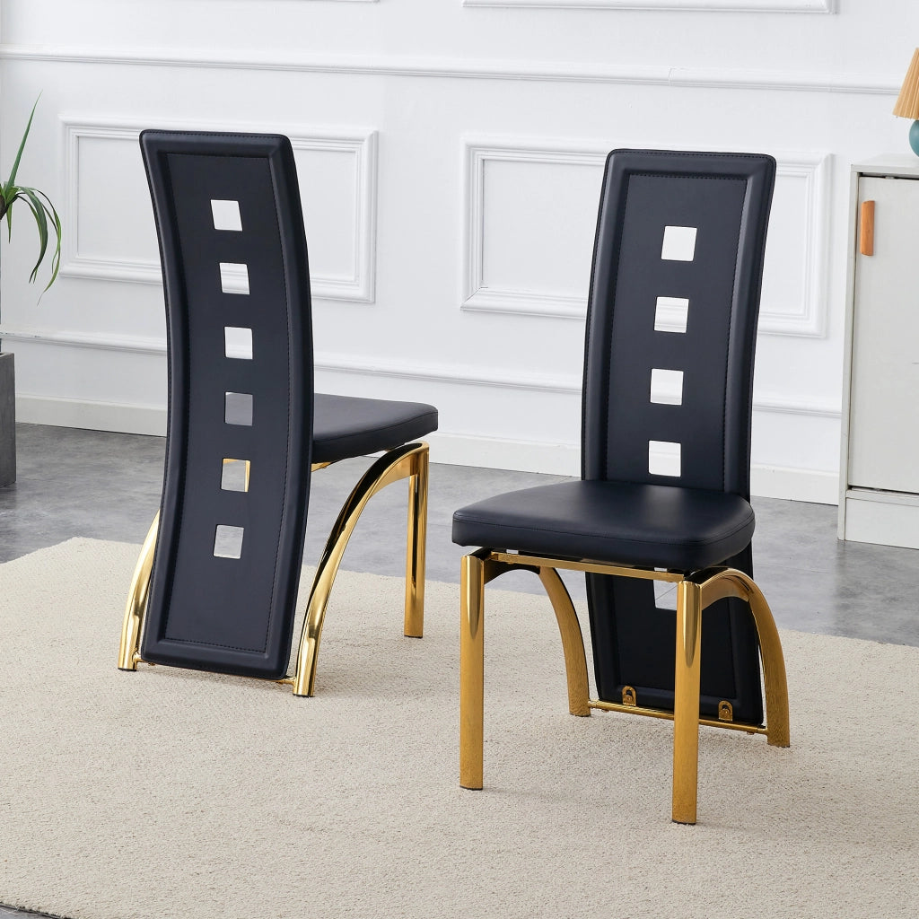 Sedia da Pranzo Set da 2 con Schienale Ajouré e Gambe in Metallo, PU Nero e Oro