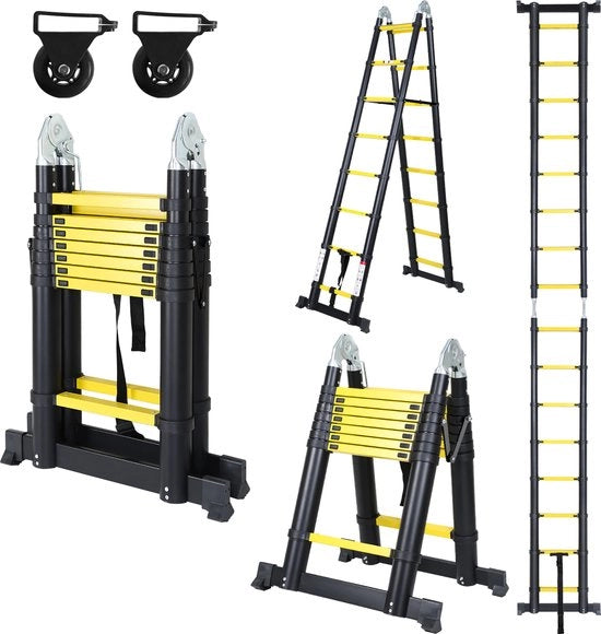 Scala Telescopica a Doppia Estensione - Scala Telescopica Soft Close - Altezza di Lavoro 2,5+2,5 m - Giallo Nero con Stabilizzatore + Ruote