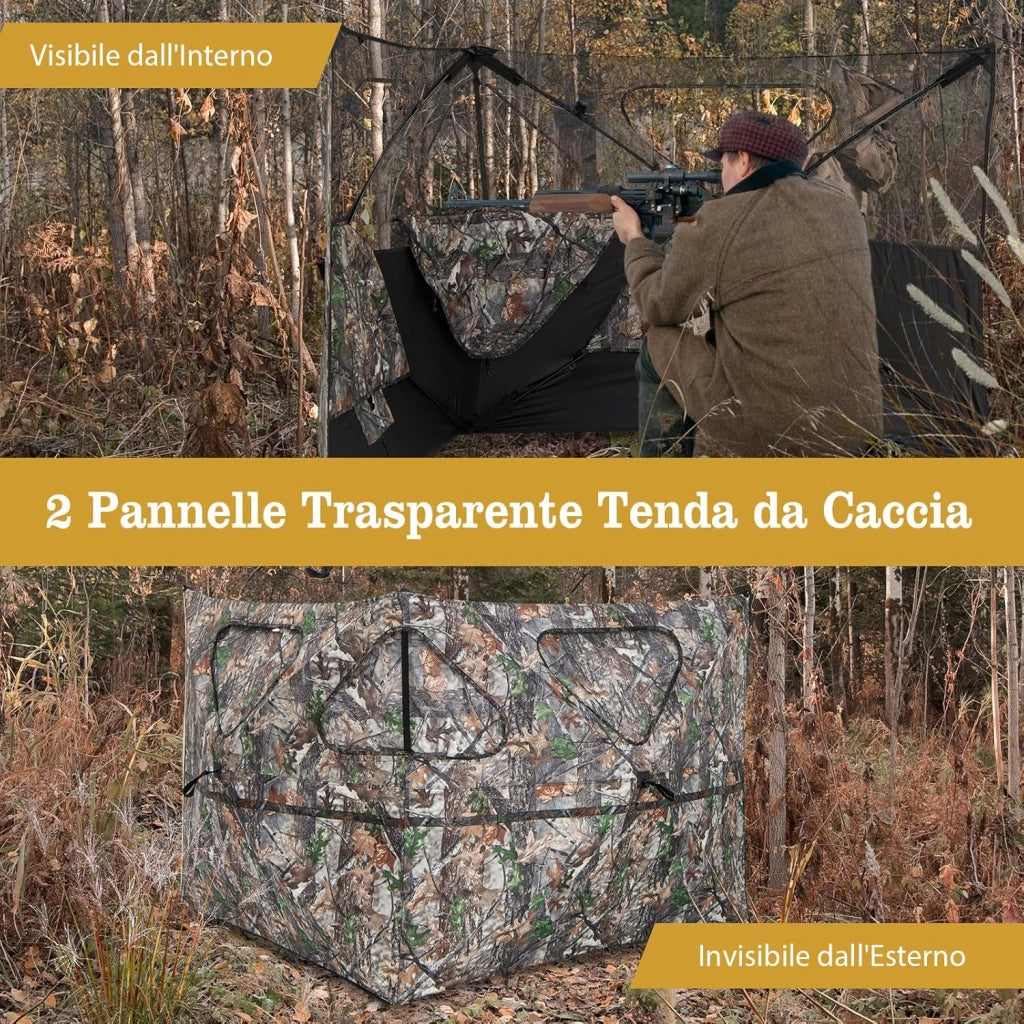 Tenda da Caccia Trasparente a 360 Gradi Portatile, Tenda da Terra a 2 Pannelli con Borsa per Trasporto, Tenda da Caccia Mimetico per Caccia al Cervo