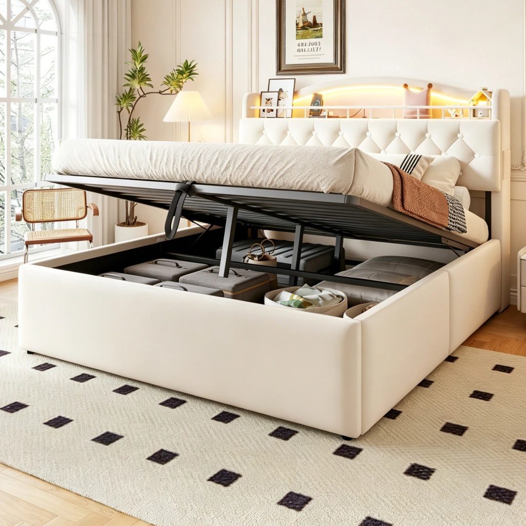 LETTO Contenitore 140x200 cm Beige in tessuto e metallo con LED, USB e USB-C