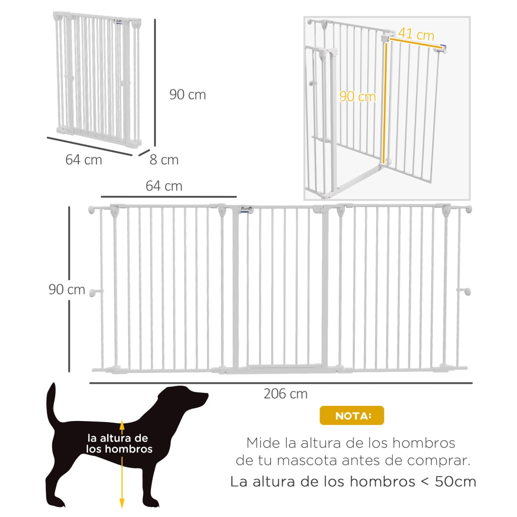 Recinto per Animali Domestici Pieghevole in Acciaio ¨C Xylo ¨C 3 Pannelli, Doppia Serratura, 206x90 cm, Bianco