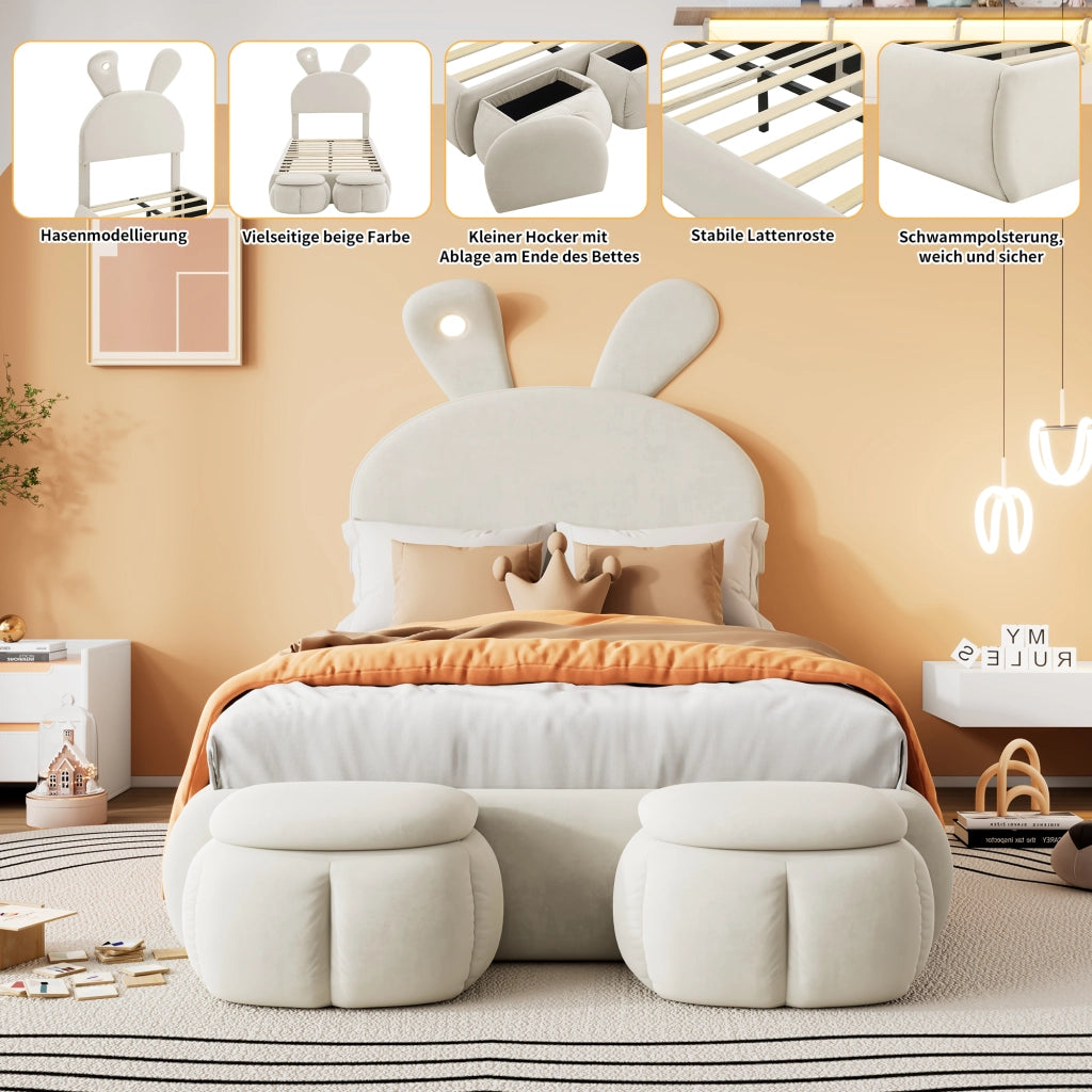 LETTO Singolo 90x200 cm in velluto beige con 2 pouf contenitore e luci LED