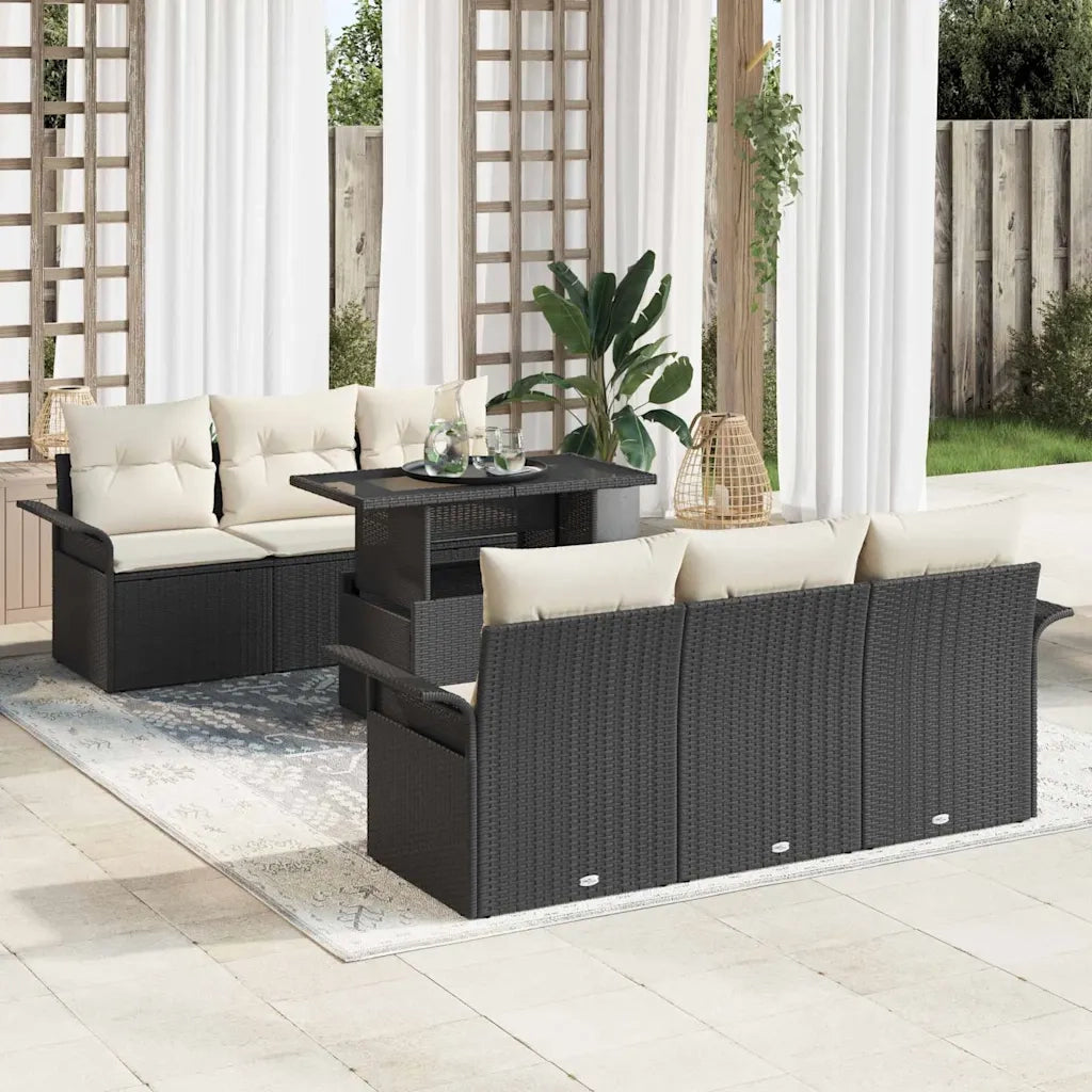 Set Divano da Giardino con cuscino 7 pcs Nero Poly Rattan