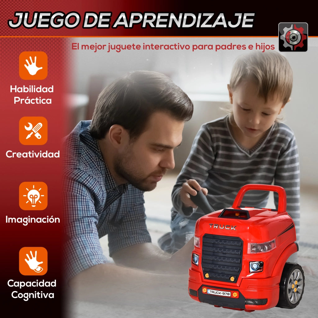 Set Motore Camion Giocattolo per Bambini ¨C Xylo ¨C 61 Pezzi con Volante e Luci LED Rosso 40x39x47cm