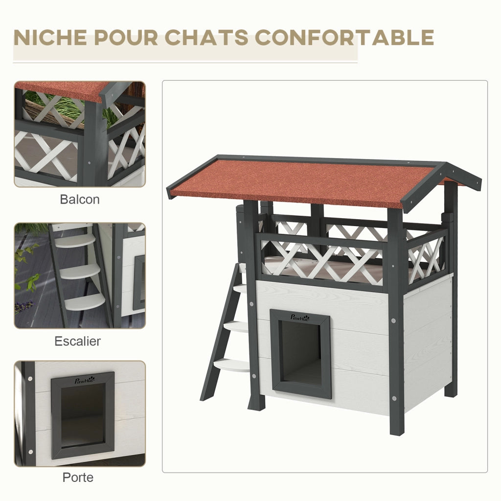 Casetta per Gatti Esterni con Terrazza e Scala ¨C Xylo ¨C Bianco e Rosso 77x50x73cm