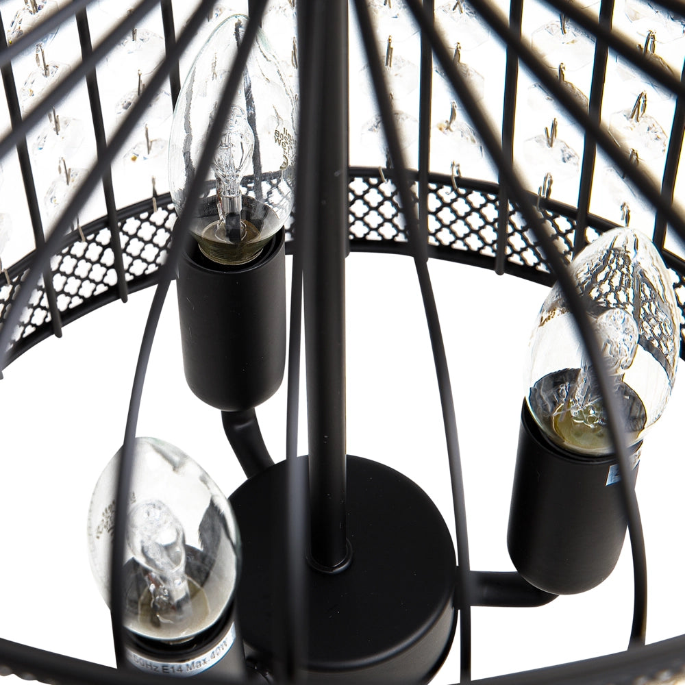 Lampada a Sospensione a Soffitto Gabbia in Metallo Nero Paralume Aperta Finti Cristalli Vintage Glamour