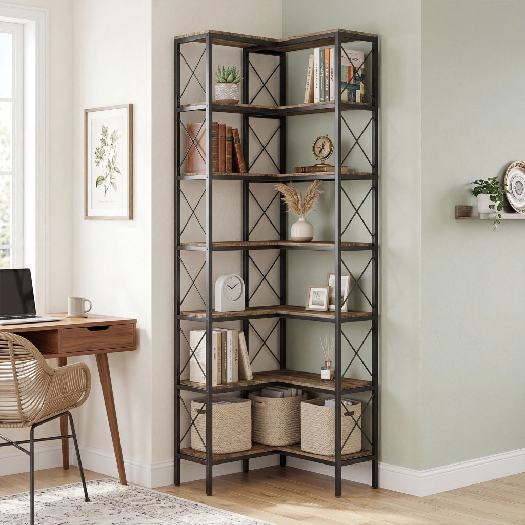 Libreria angolare 6 ripiani ¨C Xylo ¨C metallo marrone rustico 60x60x200cm