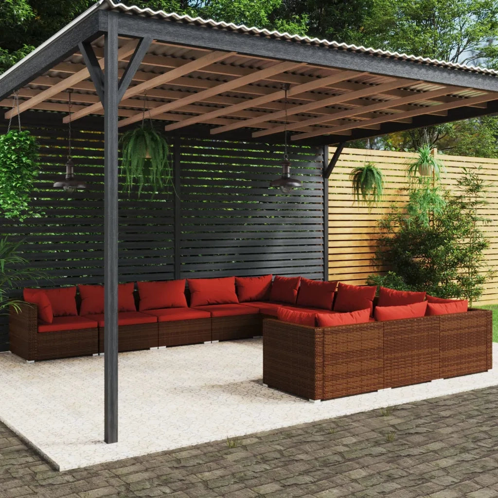 Set Divani da Giardino 11 pz con Cuscini in Polyrattan Marrone 3102811