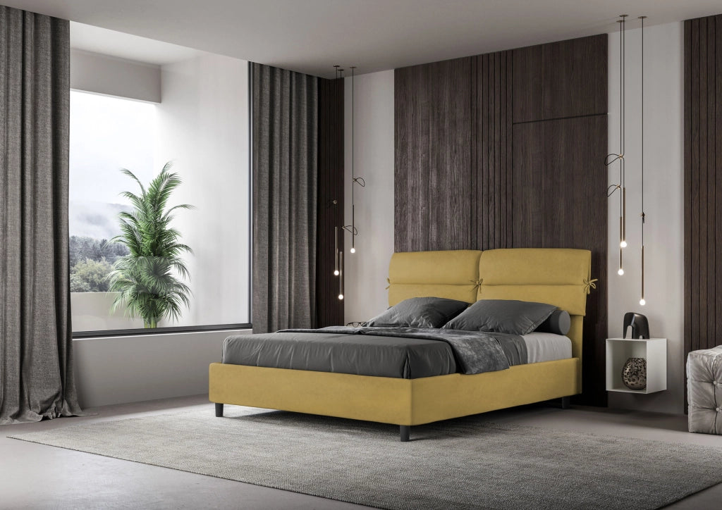 BS COM Letto matrimoniale contenitore doppia alzata imbottito 160x210 microfibra ocra