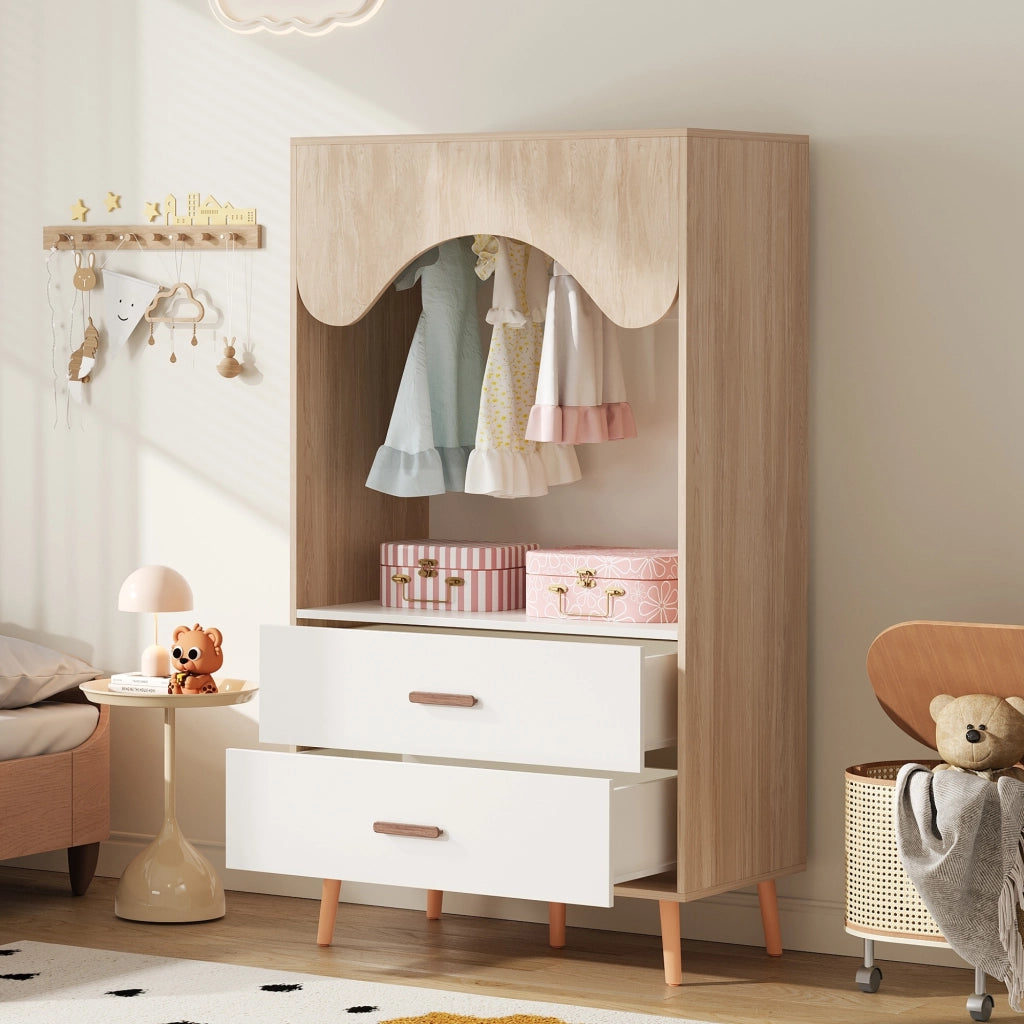 Armadio modulare aperto con barra appendiabiti e 2 cassetti; piedi in legno per camera da letto; 80×46×141.5 cm