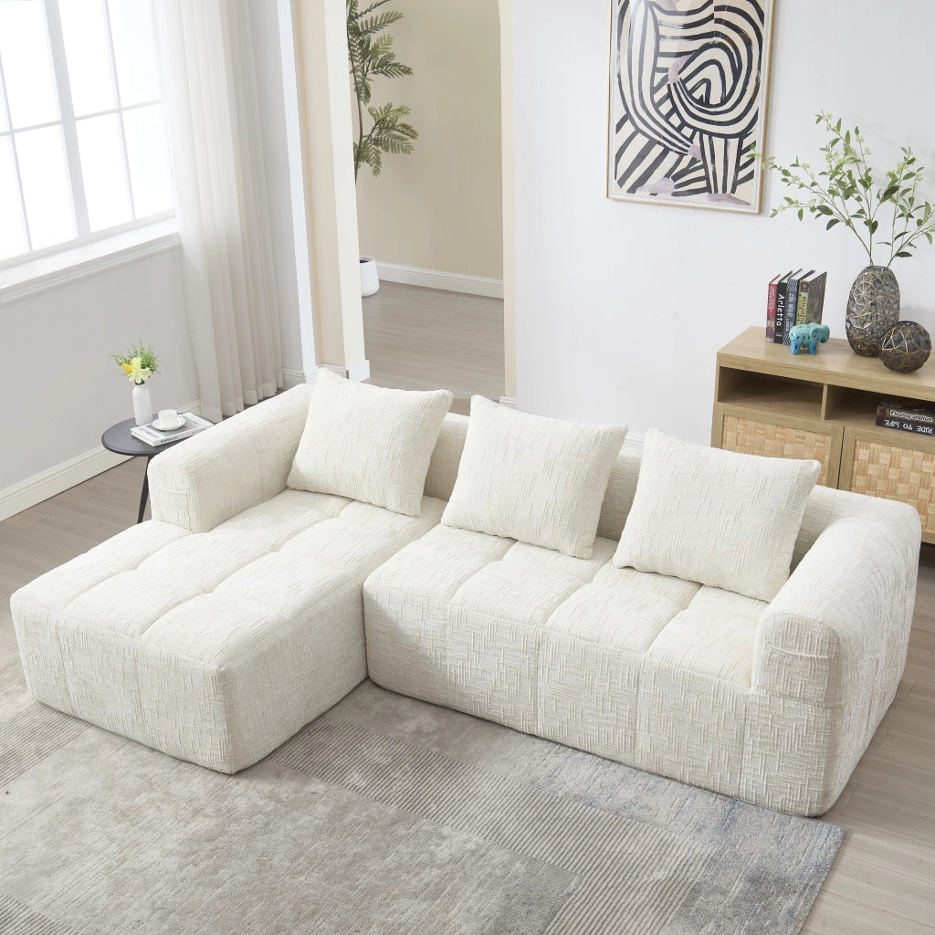 Divano Angolare 3 Posti con Chaise Longue ¨C MINIMAL ¨C Chenille Beige, Cuscini, Braccioli