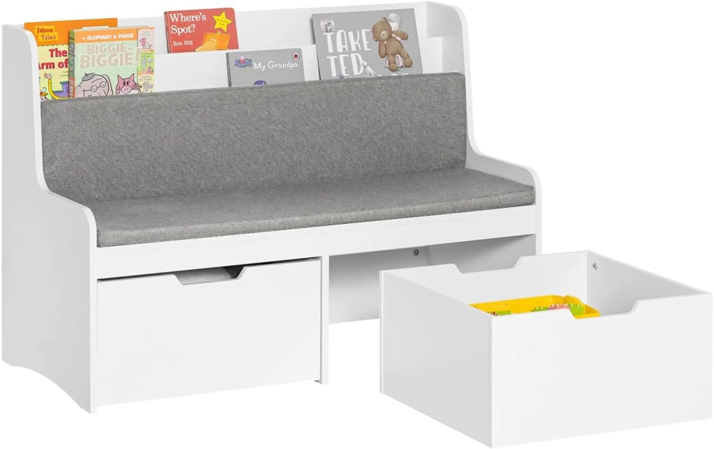 Panca per Bambini con Ruote Libreria con Scatola Portaoggetti Panca per Scarpe con Cuscino Sedile Bianco 100x45x70cm KMB66-W