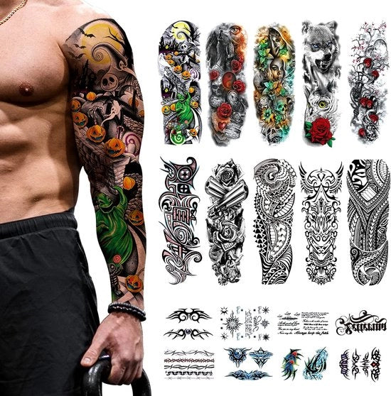 Tatuaggi temporanei - 10 fogli per braccio completo - 8 fogli per gomito - Stickers per tatuaggi idrorepellenti - Stili vari - Dimensioni 48 x 18 cm