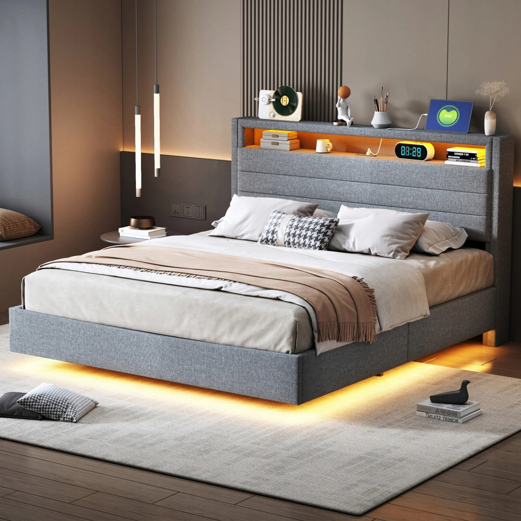 Letto imbottito 140x200 - Xylo - Grigio, struttura idraulica, LED, USB