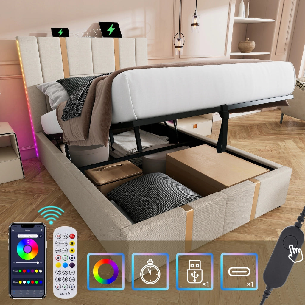 Letto imbottito 90x200 - Xylo - Beige, USB-C e LED
