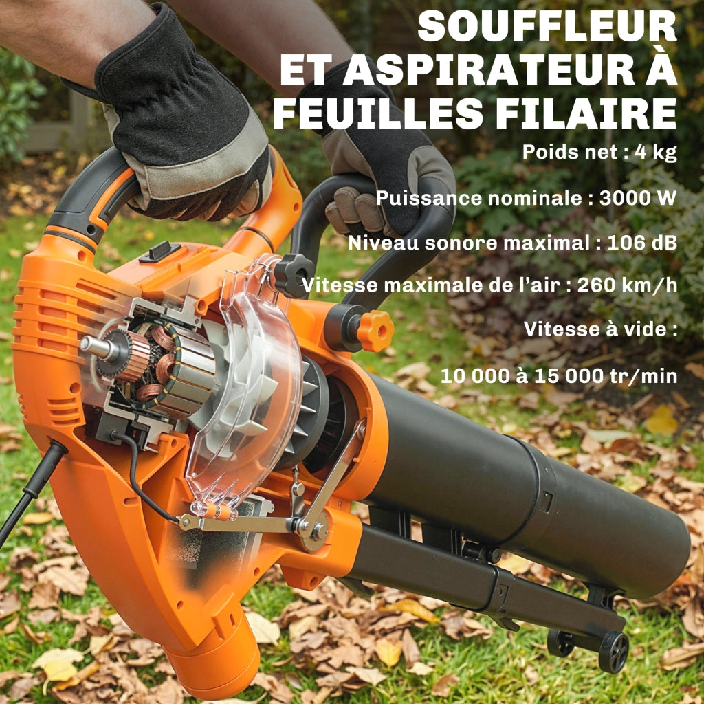 Aspiratore Soffiatore Foglie 3000W 3 in 1 con Triturazione ¨C zephmum ¨C Verde, Sacco Raccolta 40L