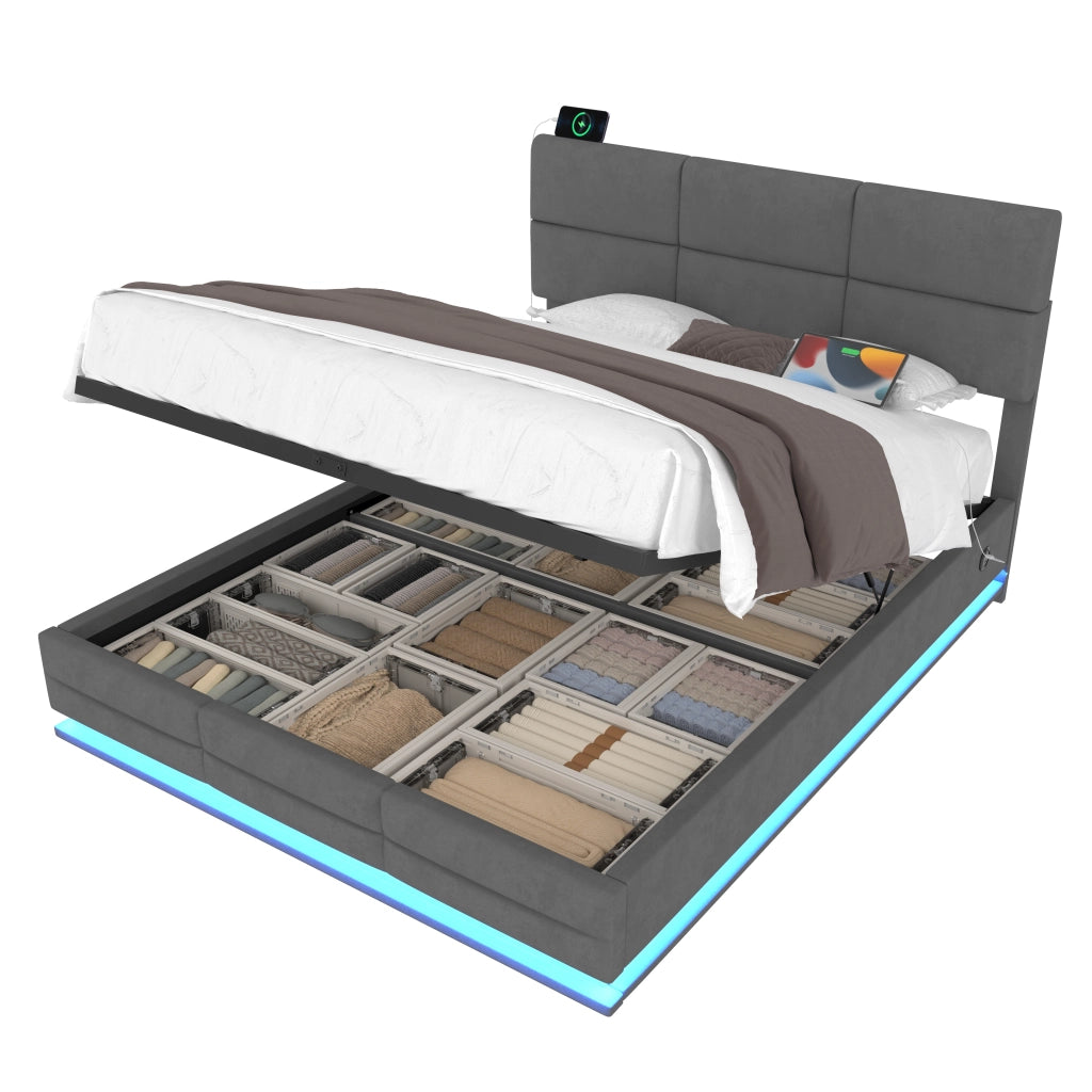 Letto Matrimoniale 180x200 cm con LED; USB; Type-C e contenitore; testiera regolabile
