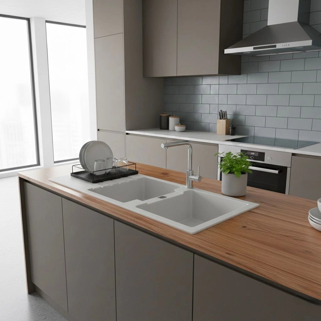 Lavello 116 cm da incasso in sintetico effetto granito due vasche - Bianco