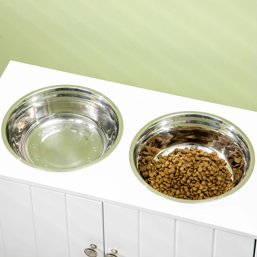 Ciotole rialzate per cani e gatti ¨C Xylo ¨C doppia ciotola in acciaio inox 2L, legno bianco 60x30x35,5 cm