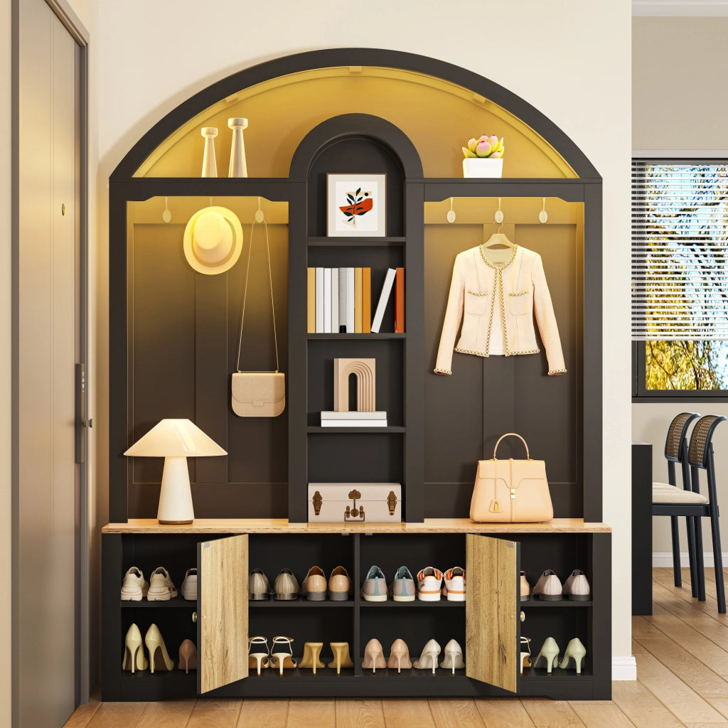 ARMADIO INGRESSO 150x40x195 cm MDF Nero con ripiani e ganci