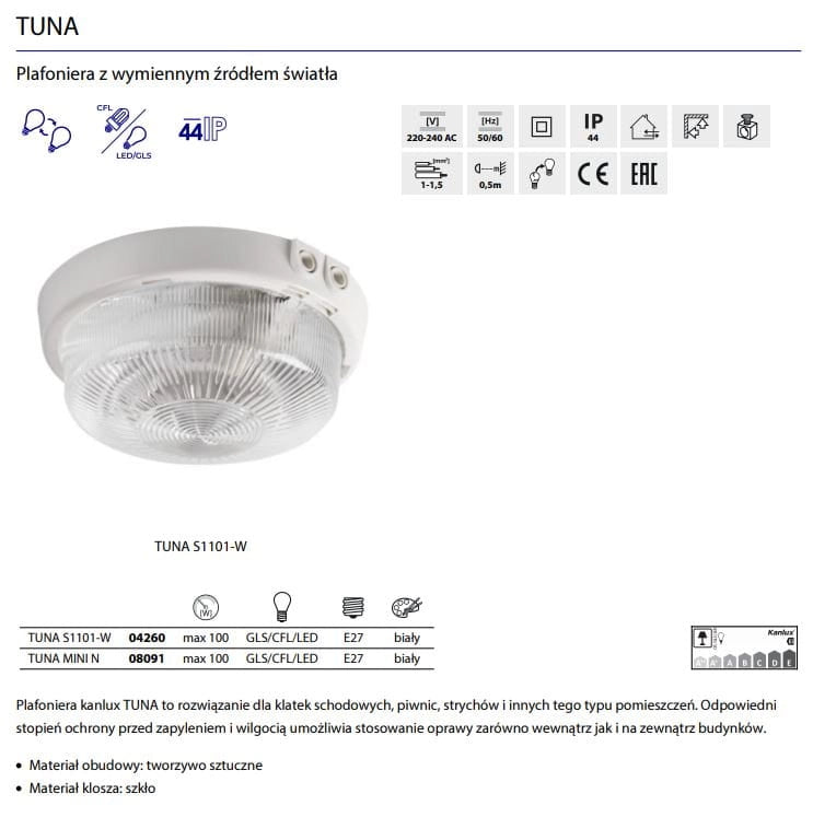 Plafoniera Kanlux TUNA MINI E27 IP44 20cm in vetro