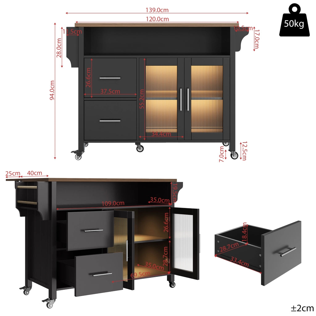 Isola Cucina con Vetrina LED e Ruote ¨C MINIMAL ¨C Nero, Legno