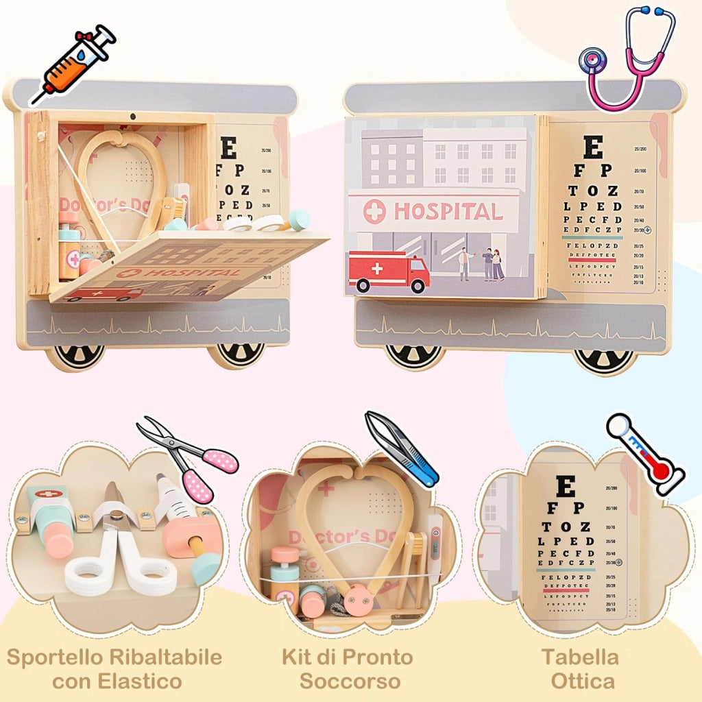 5 in 1 Pannello Sensoriale in Legno per Bambini, Busy Board con Vanity, Cassetta degli Attrezzi, Cucina Giocattolo, Kit del Dottore e Bar, Giocattolo Montessori per Sala Giochi e Asilo