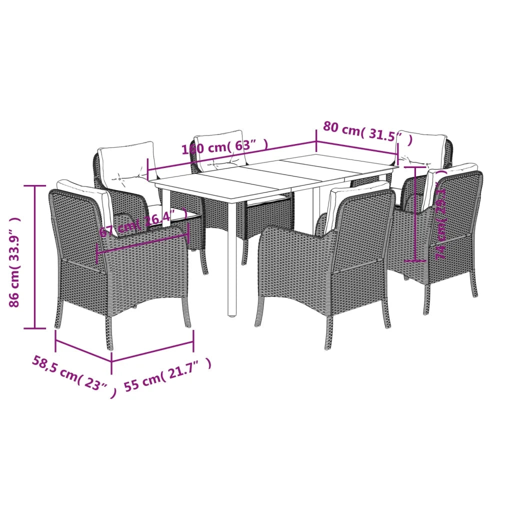 Set da Pranzo da Giardino 7 pz Nero con Cuscini in Polyrattan