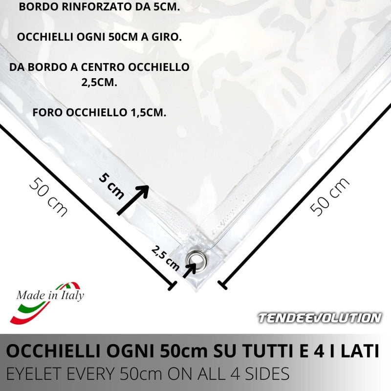 Telo PVC Trasparente 2,7x5m, 0,50mm Spessore, 650g/m² - Telo Cristal con Occhielli Ogni 50cm - Anti-UV, Impermeabile - Qualità Made in Italy