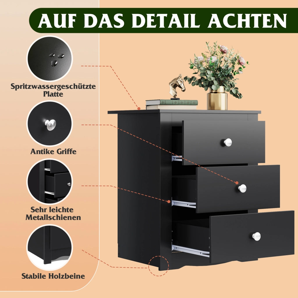 Comodino 3 Cassetti con Prese e USB ¨C Minimal ¨C 2 Pezzi, Nero