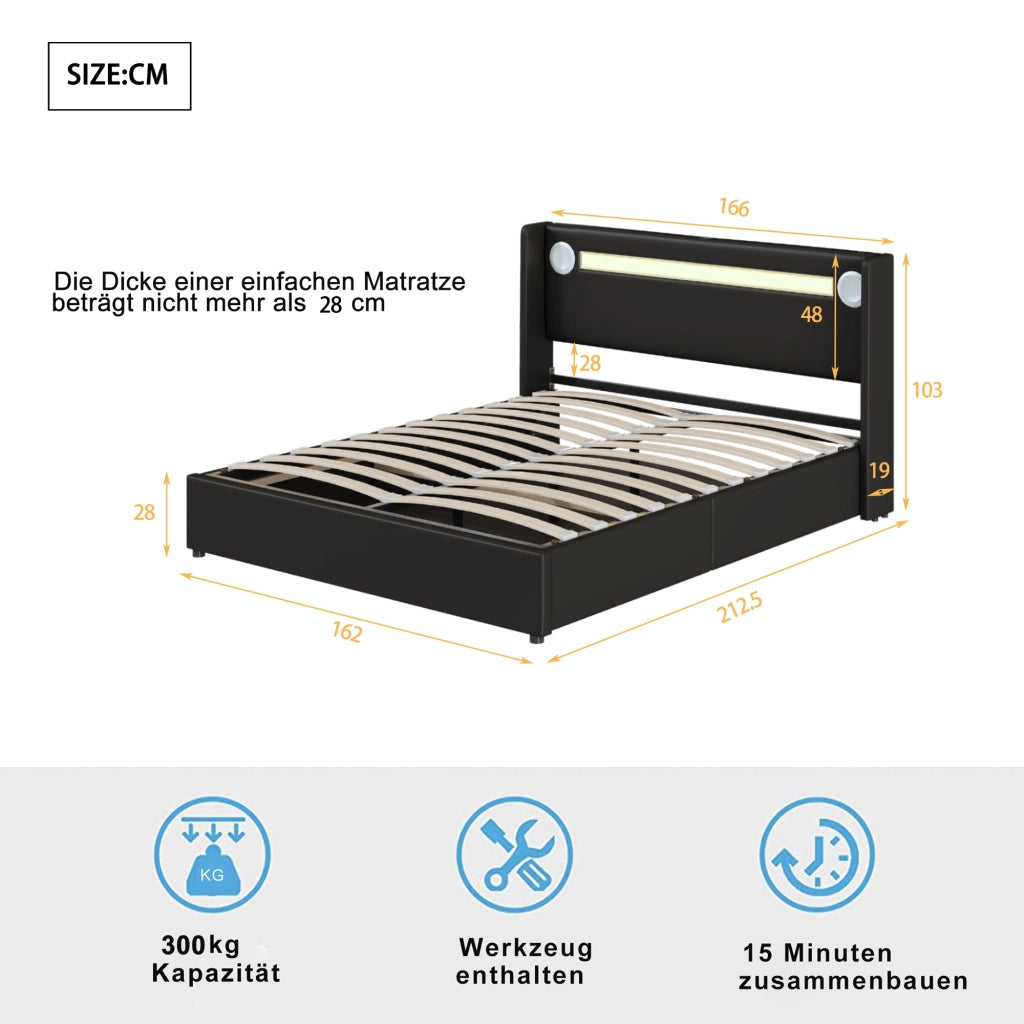 LETTO MATRIMONIALE 160x200 cm in PU nero con LED, Bluetooth e 2 porte USB