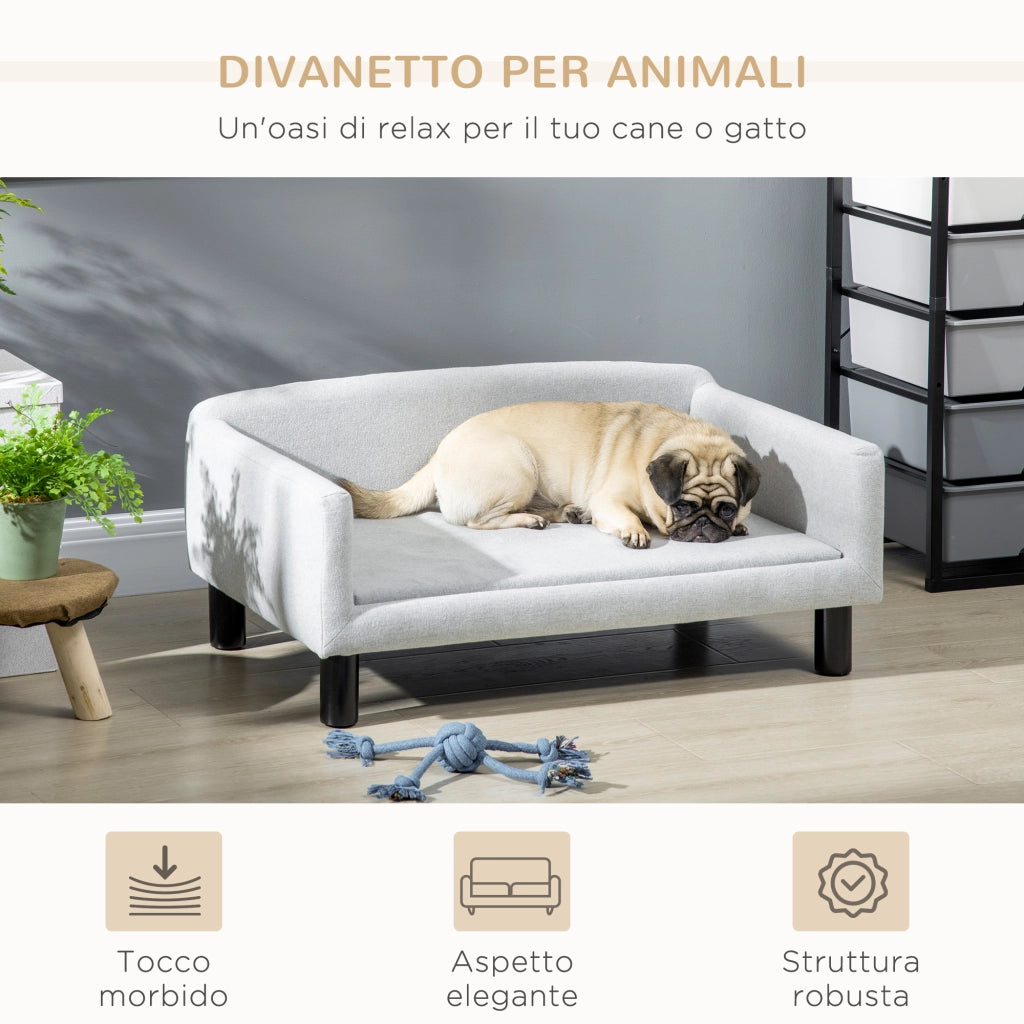 Divano per Cani Taglia Media e Piccola Vellutato con Cuscino. Braccioli e Schienale. 82x54x36 cm. Grigio Chiaro