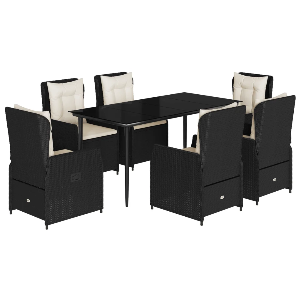 Set da Pranzo da Giardino 7 pz Nero con Cuscini in Polyrattan