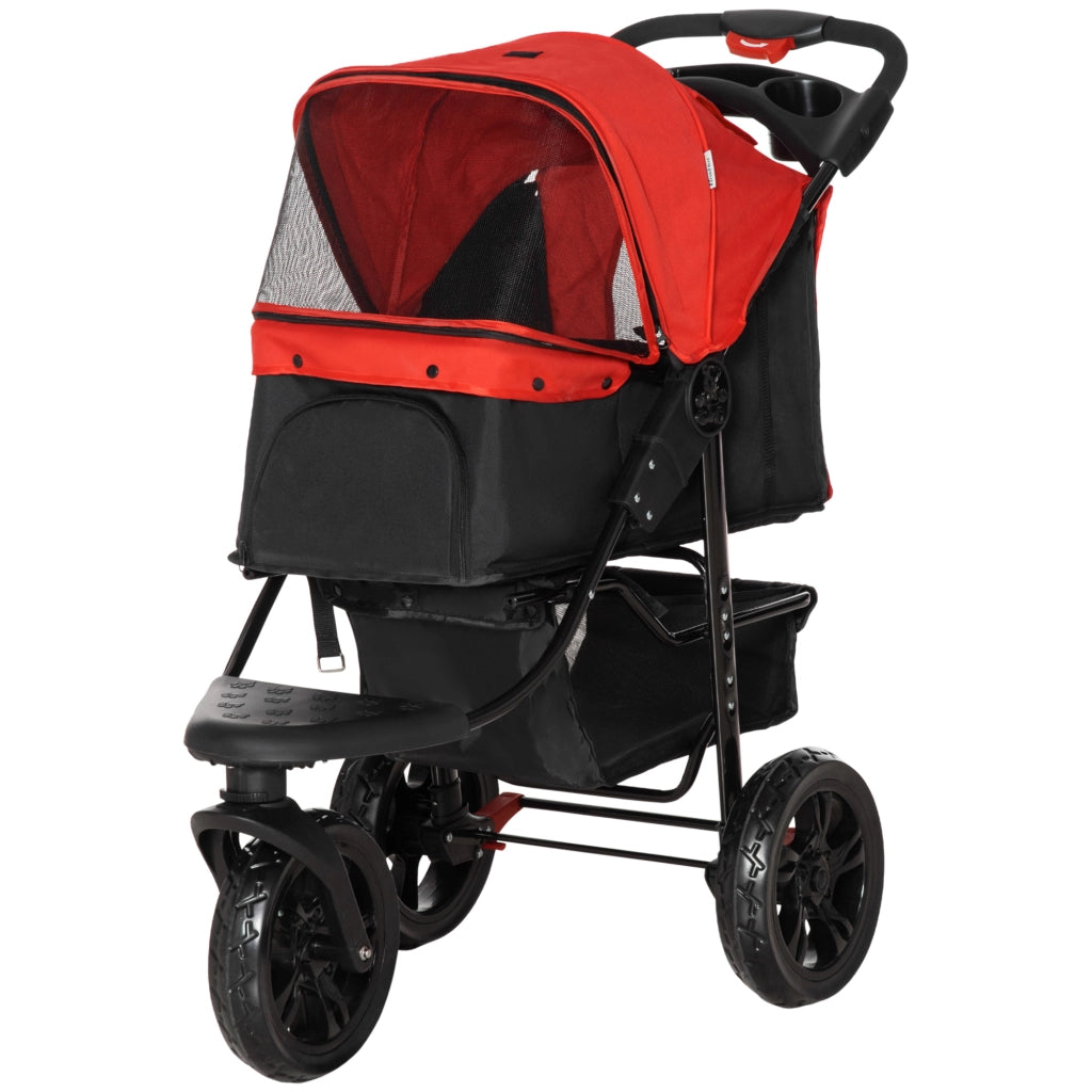 Passeggino per Cani a 3 Ruote ¨C Xylo ¨C con Finestre in Rete, Cestino Portaoggetti e Cinture di Sicurezza, 109,5x57,5x106,5 cm, Rosso
