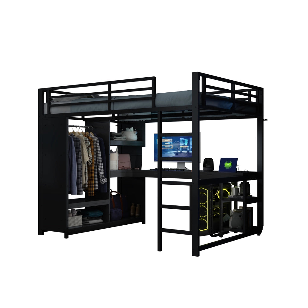 Letto a soppalco gaming 140x200 - Zephmum - LED, scrivania, armadio