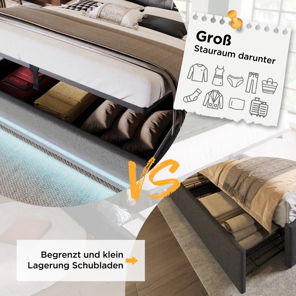 LETTO Contenitore 180x200 cm Grigio in Cotone con USB Type-C e LED