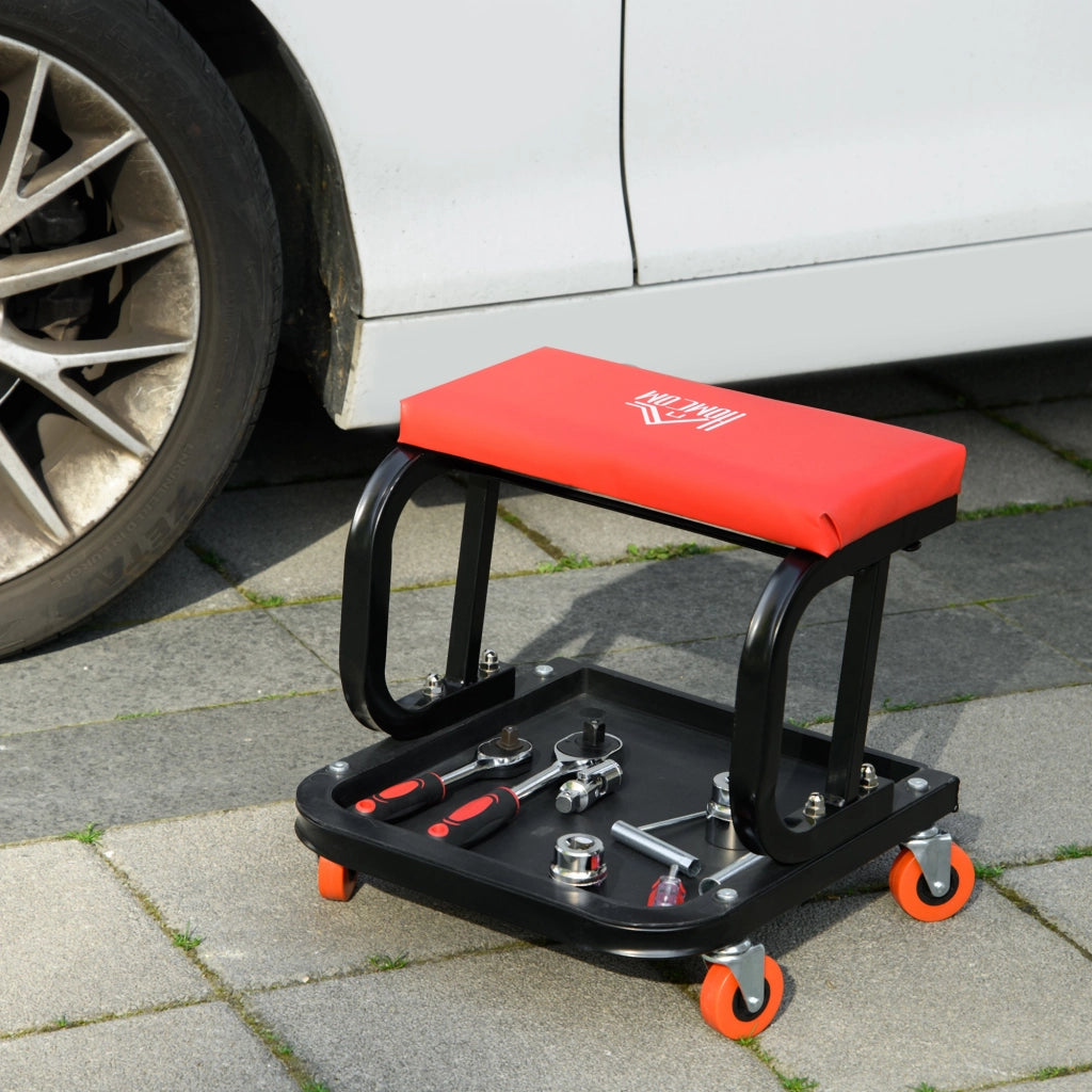 Sgabello con Ruote e Vassoio ¨C Minimal ¨C Rosso, Acciaio, 100 kg
