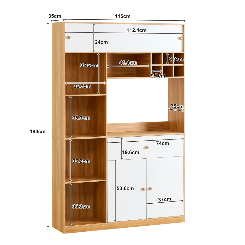 Credenza alta con LED, 1 cassetto, 3 ante e ripiani aperti, per cucina e soggiorno, bianco naturale, 115 × 35 × 180 cm