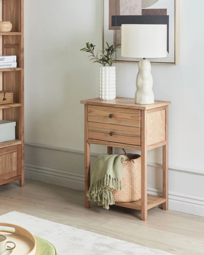 Consolle decorativa con 2 cassetti 74 cm in legno chiaro stile rustico
