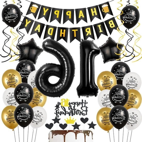 Decorazione per il 16° compleanno - nero oro - ragazzo ragazza torta