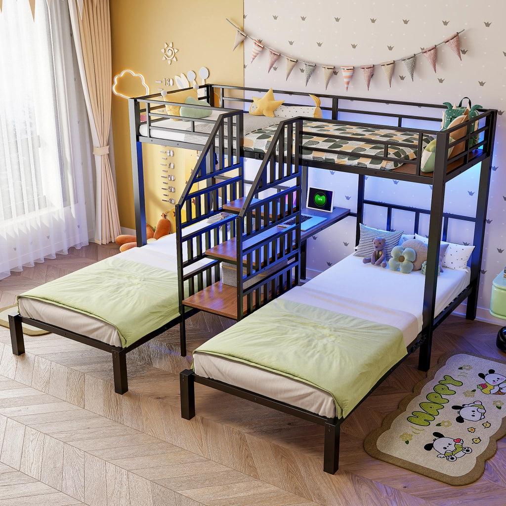 Letto a castello 90x200 cm - Zephmum- 3 posti, LED, scrivania, scaffale, USB, nero