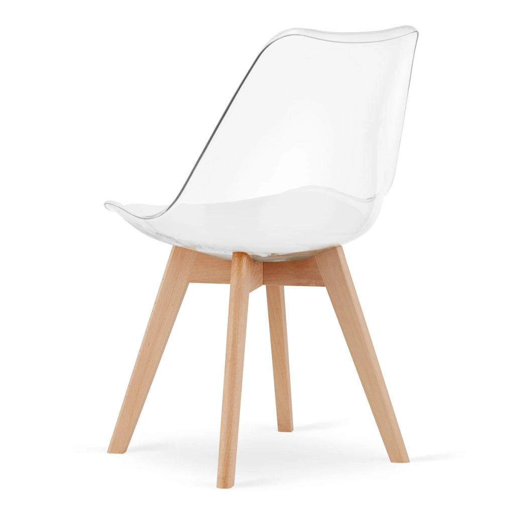 Sedia Mark trasparente con cuscino bianco e gambe in faggio